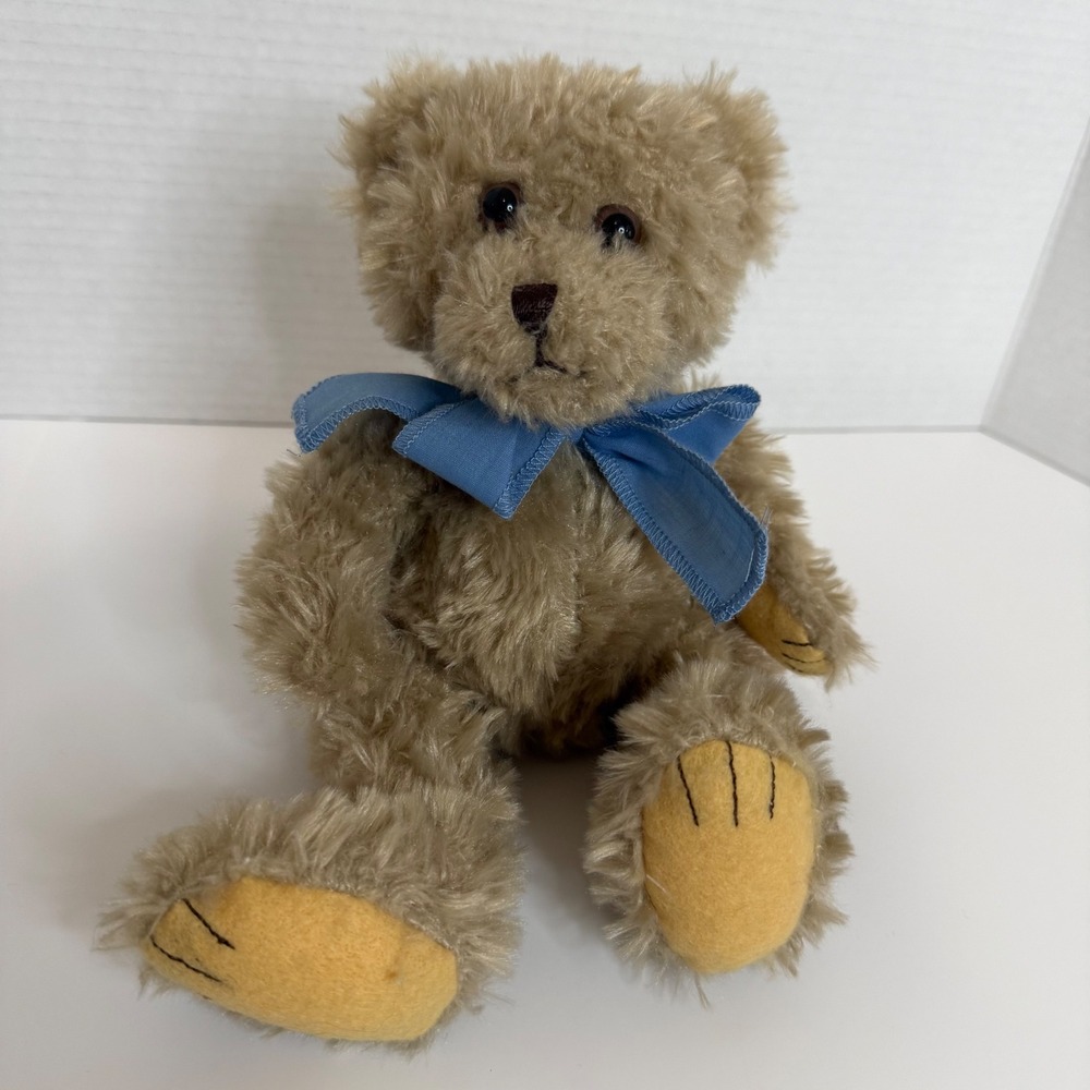 First & Main Scraggles Teddy Bear No 1114 Tan Shaggy Plush Blue‎ Ribbon 8 inch